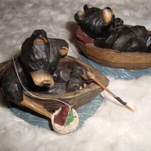 Hand Carved Look 2 Black Bear Fishing Figurines
